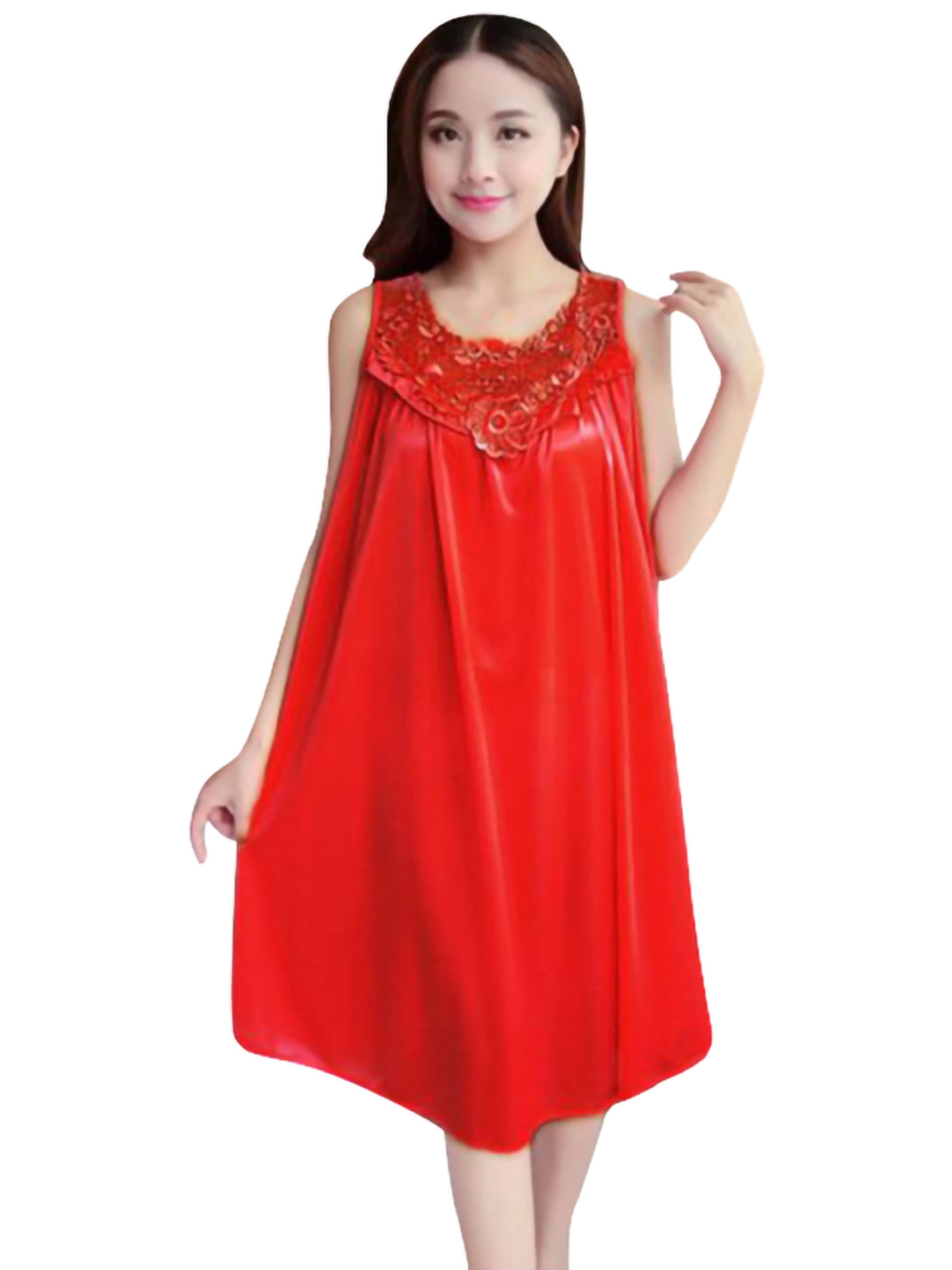 Women's Stain Silk Lace Vintage Victorian Nightgown Sleeveless Knee