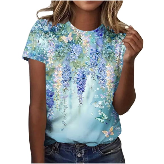 Yotami Ladies Plus Size Printed T-Shirt Summer Floral Graphic Tee for Weekend Crewneck Short Sleeve Loose Fit T-Shirt Multicolor XXL