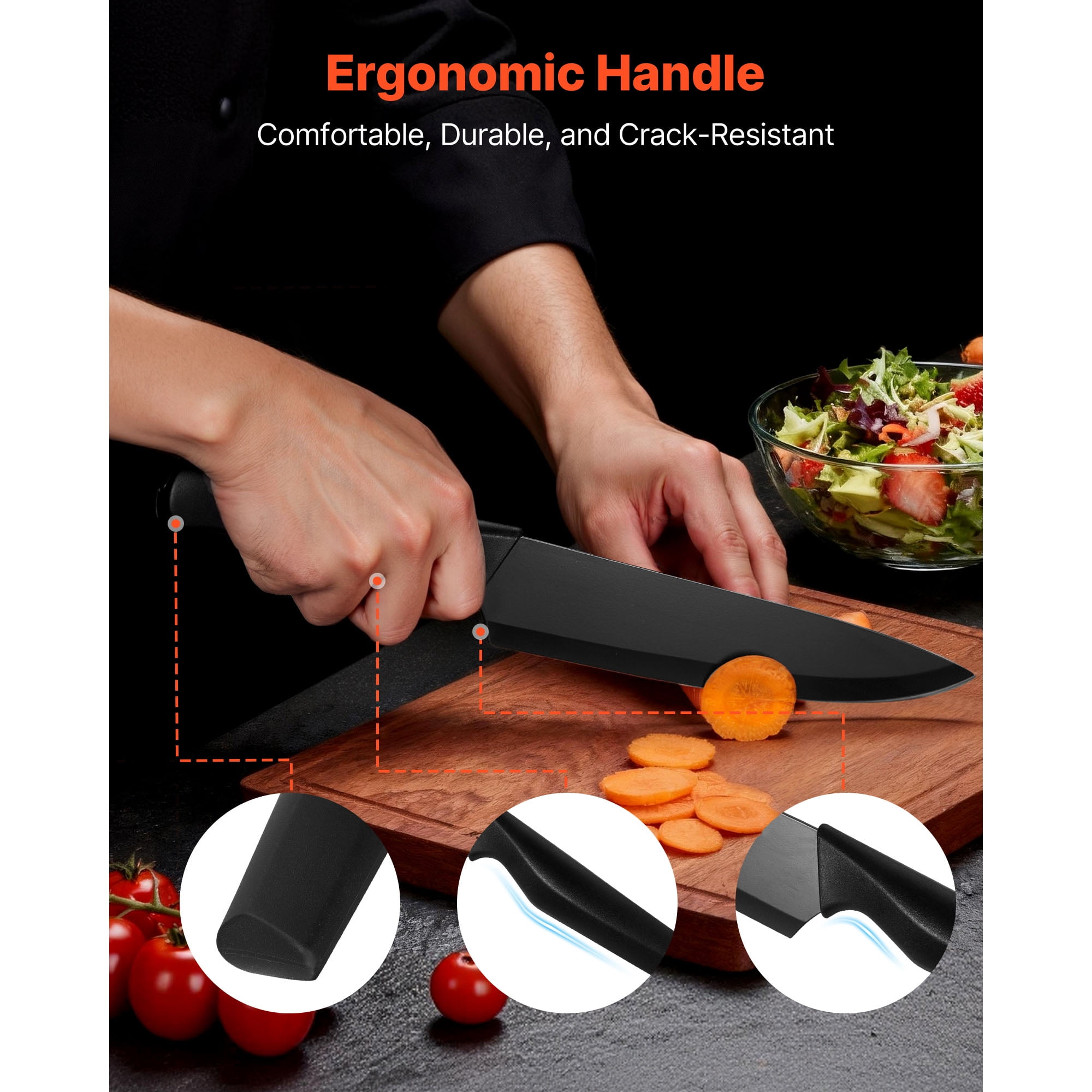KFFKFF 15-Piece Kitchen Knife Set with Wooden Block and Sharpener, High Carbon Stainless Steel Blades, Ergonomic Handles, Sharpening Rod, Ideal for Home Cooking