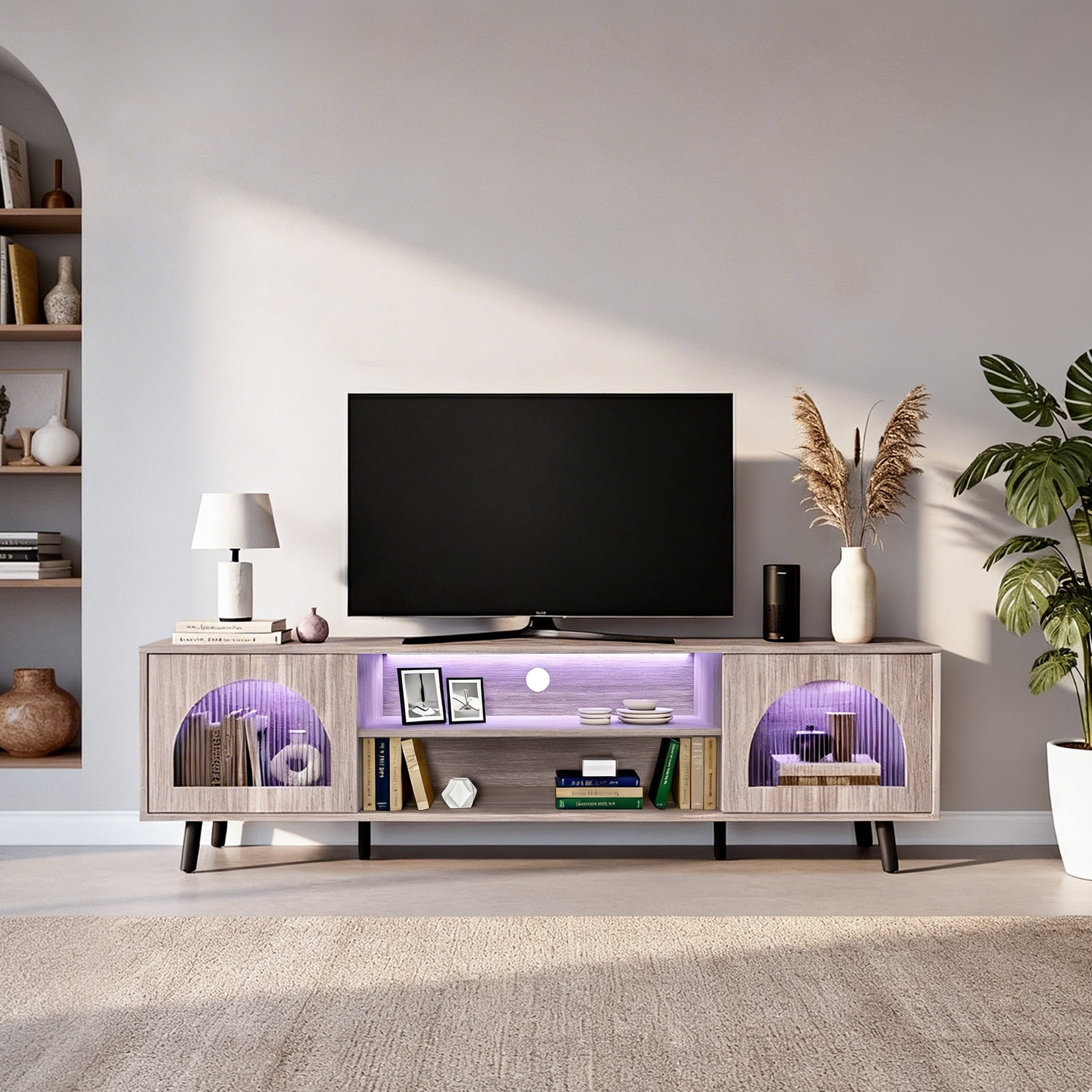 Ktaxon Modern LED TV Stand with 2 Fluted Arched Doors, 63" Entertainment Center Media Gaming Console for 55/60/65" TVs with RGB Lighting, Washed Gray
