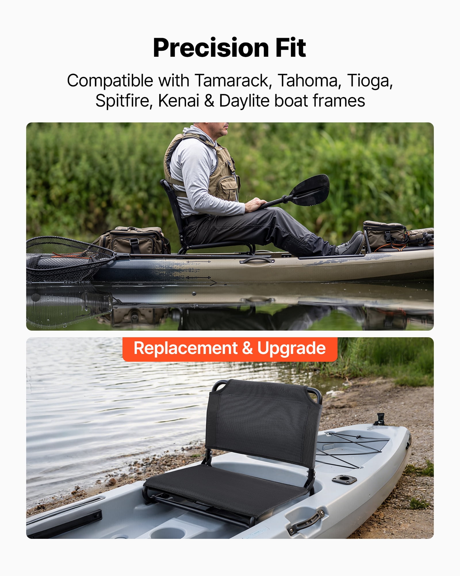 VEVOR Kayak Seat, 1 Pack 0.8" Raised Height, Foldable Seat with Back Support, Replacement Upgrade for Tamarack, Tahoma, Tioga, Spitfire, Kenai & Daylite, Sit-on-Top/Fishing/Inflatable Kayak & Rowboat