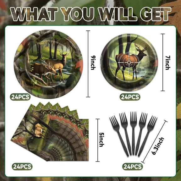 SHILIU-Hunting Camo Party Plates Napkins Deer Hunting Dinnerware Hunter Camo Themed Birthday Party Tableware Set Disposable Forks Dessert Supplies for Outdoor Tournament Events Family Picnic Decors S