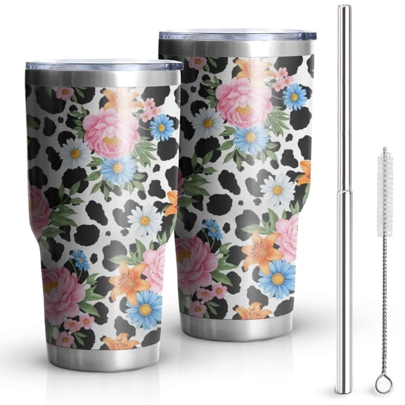 30oz Pioneer Flower Floral Print Pattern Tumbler, Double Wall Vacuum Insulated Cup, BPA-Free Leak Proof Lid & Reusable Straws, Hot 12h, Cold 34h