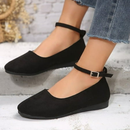 

Ladies flat shoes with round head and shallow mouth buckle strap