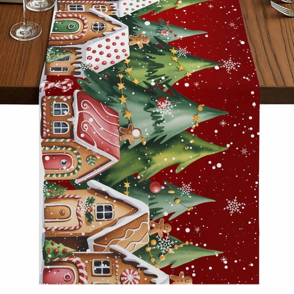 Merry Christmas Table Runner 70 Inches Long, Cotton Linen Table Runner Dresser Scarf, Winter Trees Xmas Snowflake Gingerbread Fabric Tablerunners for Dining Tables Wedding Holiday Party 13"x70"