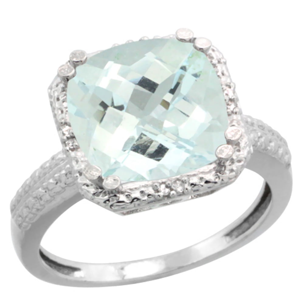 10K White Gold Diamond Natural Aquamarine Ring Cushion-cut 11x11mm, size 5 by Gabriella Gold