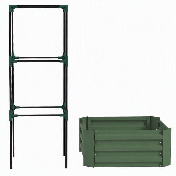Galvanized Steel Raised Garden Bed with Tomato Trellis Cage for Climbing Vines, 24x24x55 Inch Green Planter Box