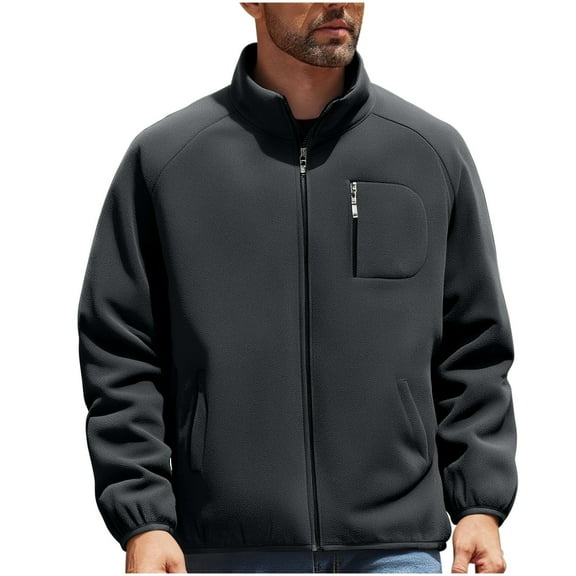 Men's Fall Winter Polar Fleece Full Zip Jacket - Stand Collar Plus Size Warm Outerwear with Zip Pockets (Active Wear-Friendly)