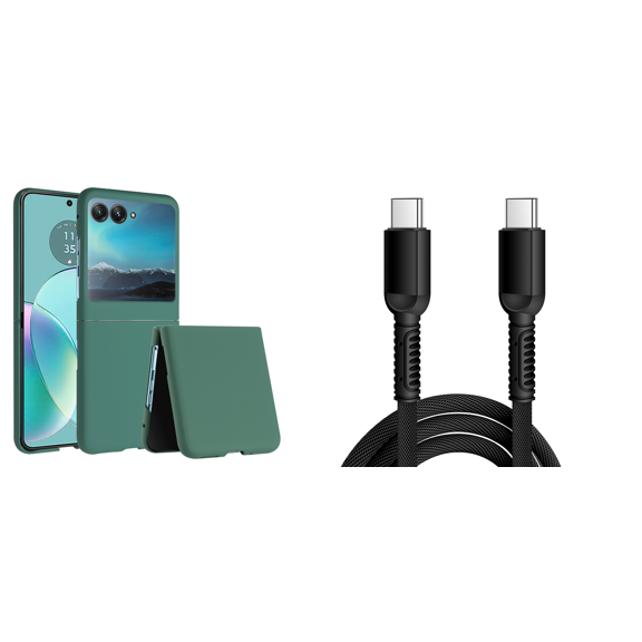 Bemz Slim Rubberized Case for Motorola RAZR  Plus 2023 Bundle with 30W USB-C to USB-C Charging Sync USB Cable - 6 Foot - Midnight Green