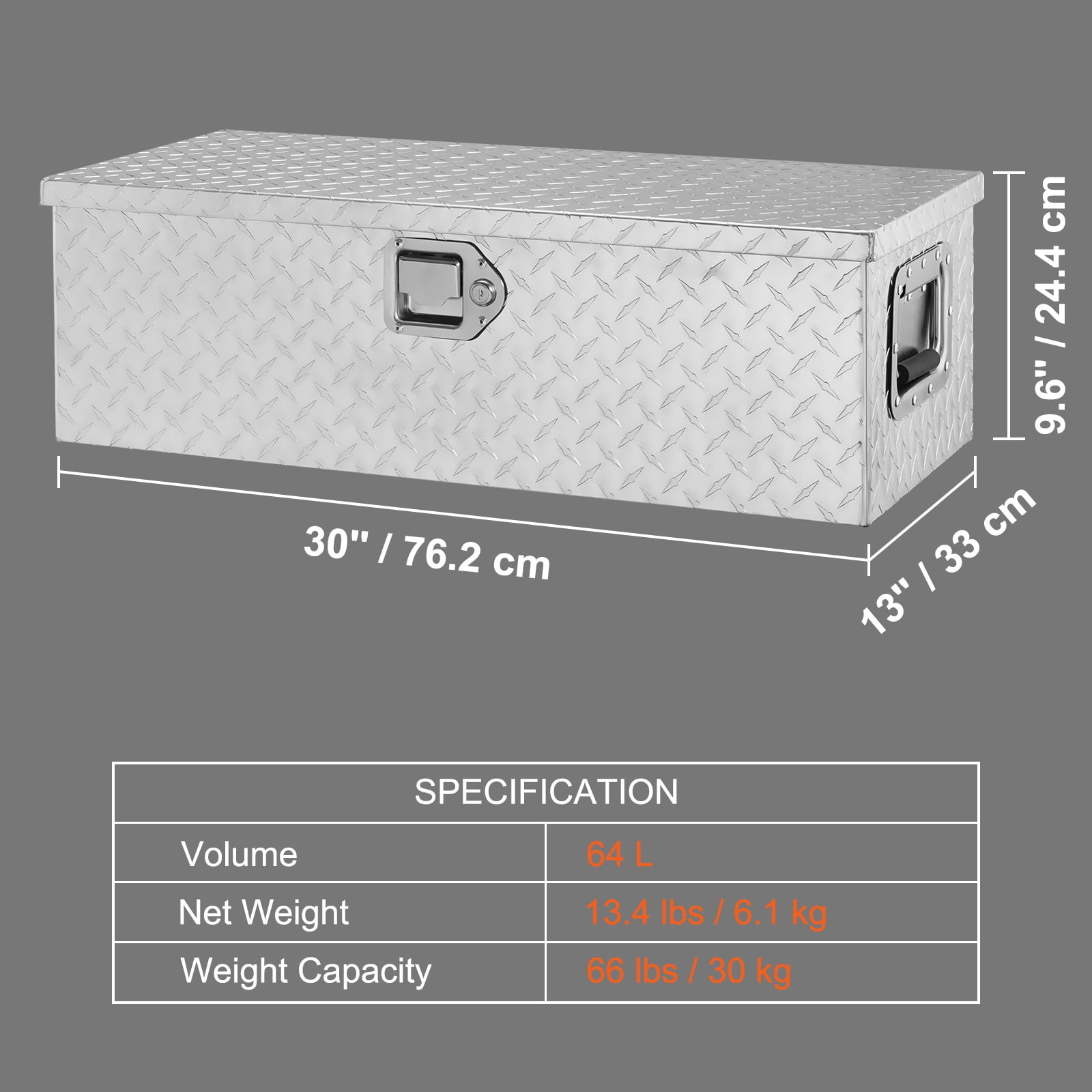 VEVOR Truck Tool Box 30"x13"x9.6" Heavy Duty Aluminum Bar Tread Truck Tool Box for Pick Up Truck Bed