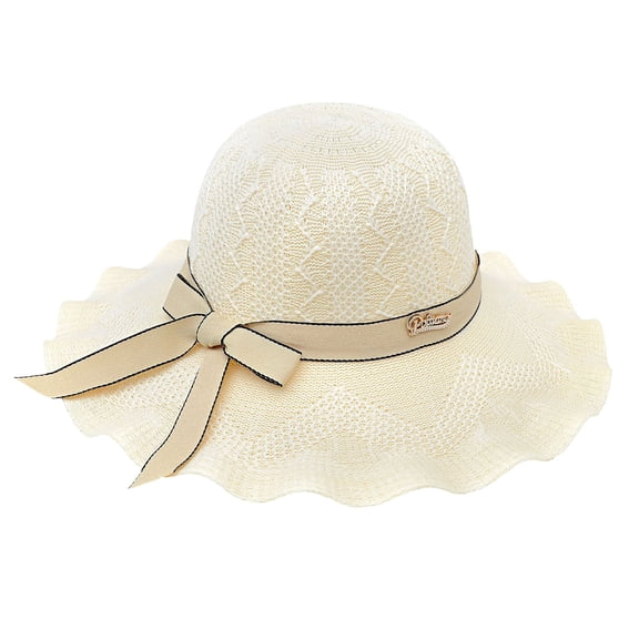 AirLoni Women Woven Bucket Hat Ruffled Bowknot Decoration Wide Brim UV Protection Foldable Breathable Lightweight Beach Vacation Casual Summer Sun Hat Beige,One Size