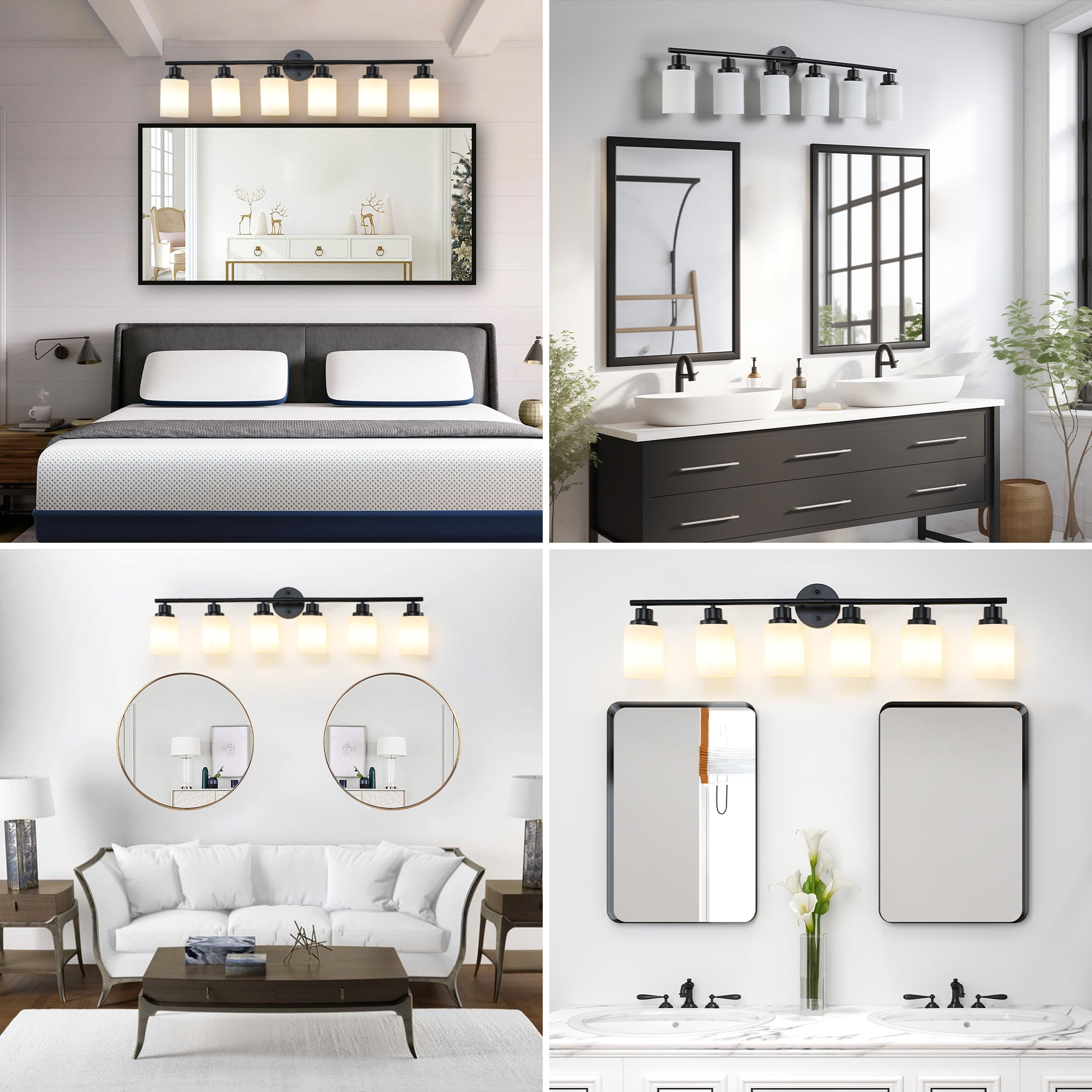 Miniyam Plug in 6-Light Modern Vanity Light, Black Wall Fixture with Frosted Glass Shades, E26 Base