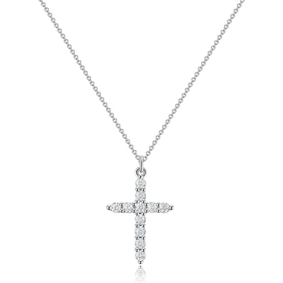 18K White Gold Plated Cross Necklace, Zirconia Silver Cross Faith Pendant Necklace for Women