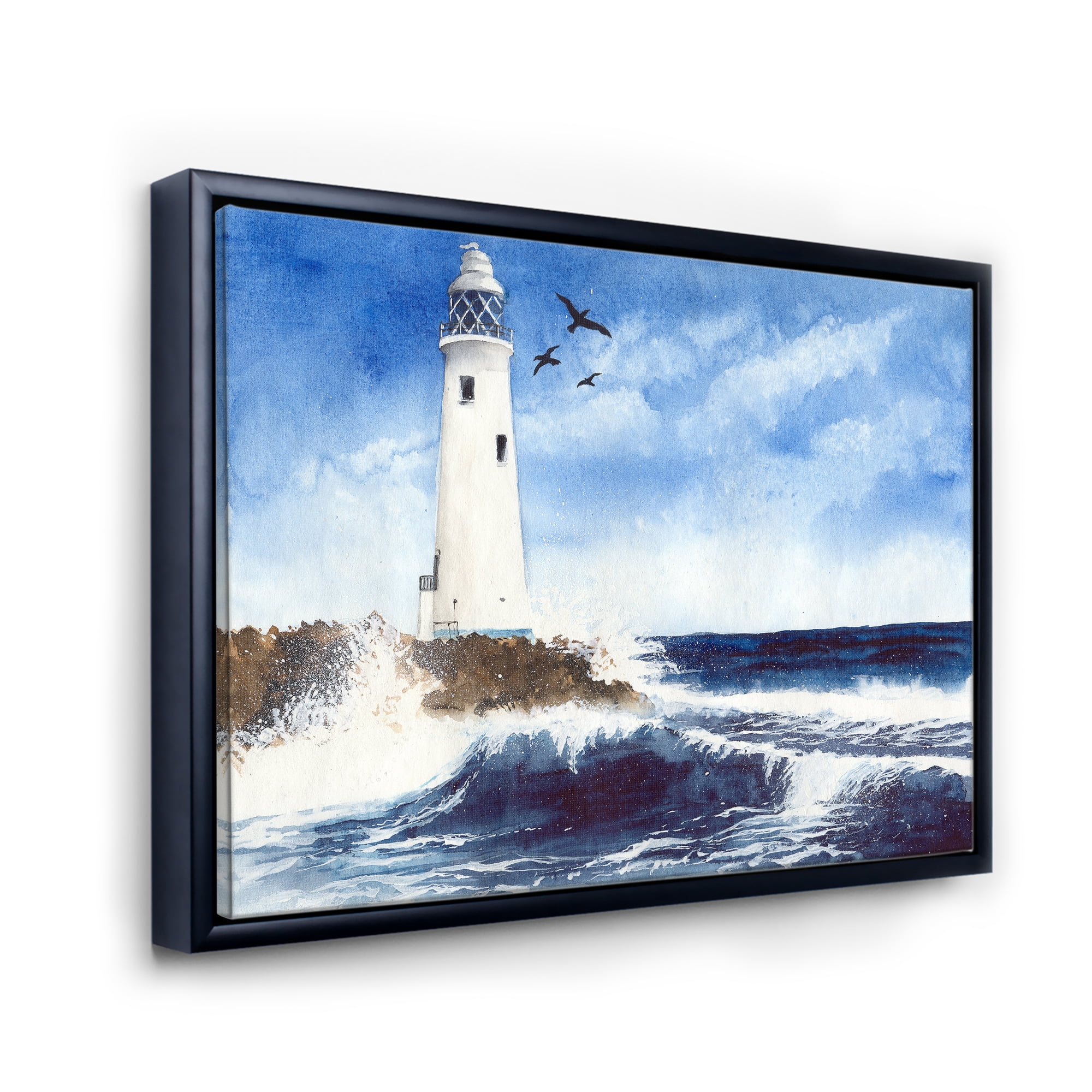 Designart 'Seagulls With Lighthouse On The Rocky Island' Nautical & Coastal Framed Canvas Wall Art Print