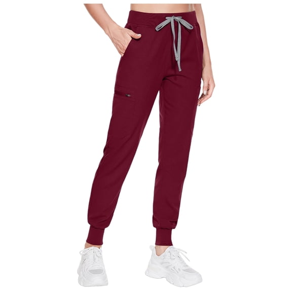 felwors Women's Scrub Cargo Jogger Pants Medical Workwear Bottoms with 5 Pockets, Lightweight Ultra Soft 2-Way Stretch Fabric (Wine, XXL)