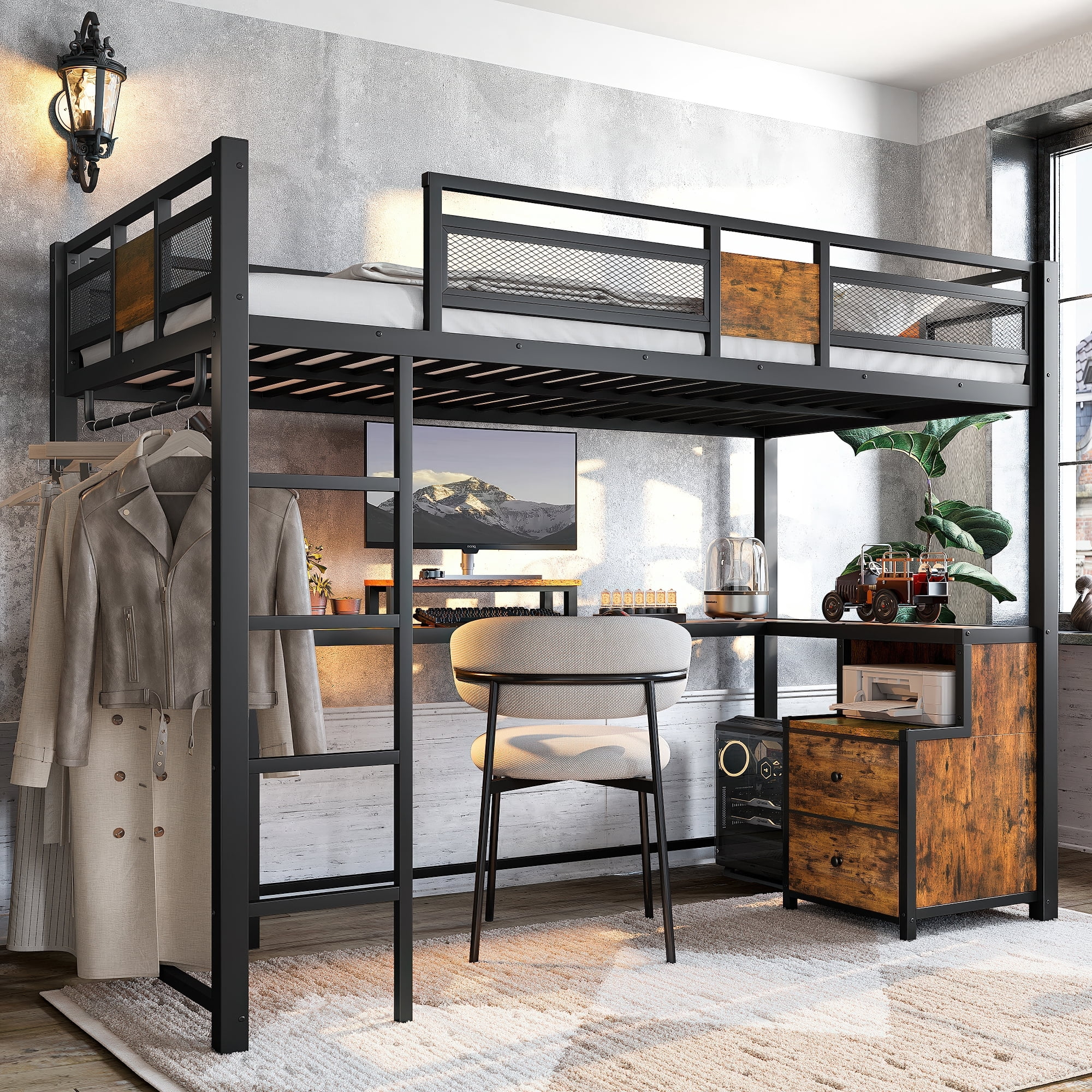Leumius Twin XL Loft Bed with Desk and Storage Non-woven Fabric Drawers, Metal Loft Bed Frame with Ladders, Nosie-free and No Spring Box Needed for Teens Adults Black