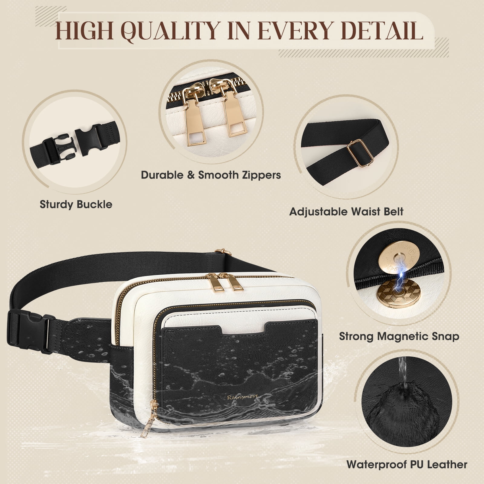 RAINSMORE Fanny Packs for Women, Leather Belt Bag Waterproof Everywhere Crossbody Waist Pack with Adjustable Strap Retro Sling Chest Bag for Work Running Travel Party,Black&White
