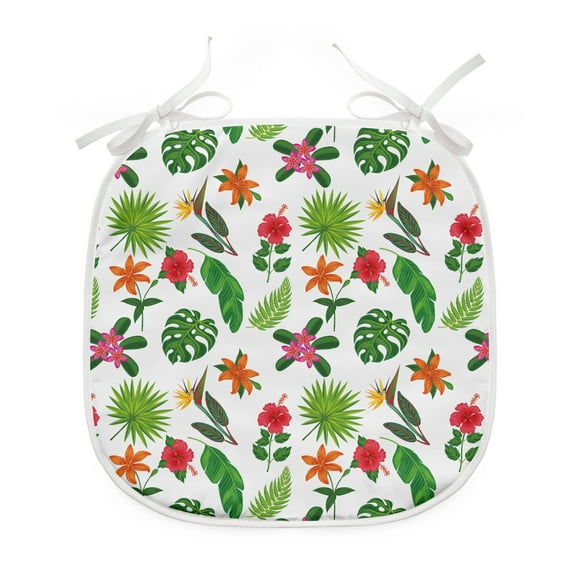 Jungle Leaves Dining Chair Pad, Flowers and Plantation in All Shades of Green and Vibrant Hues Summer, Water Resistant Pillow with Straps for Kitchen Seats, 2 Pieces Set, Multicolor, by Ambesonne