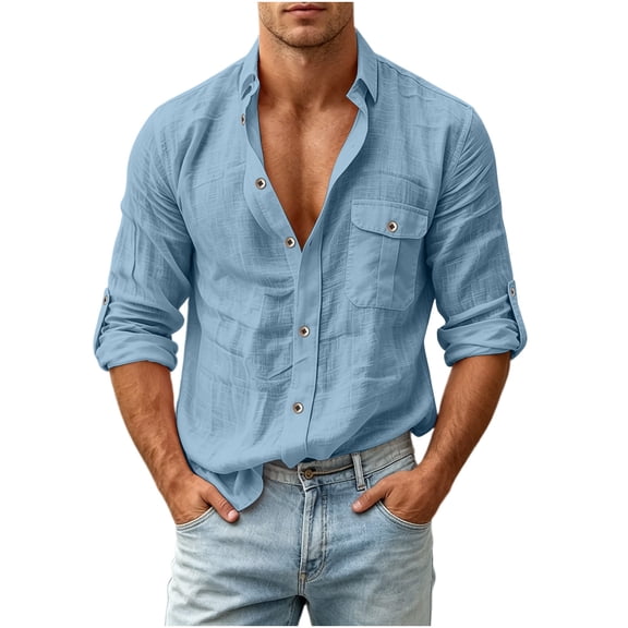 COSFO Casual Button Down Shirt Men Faux Linen Long Sleeve Blue Shirts Work Collared Classic Fit with Pocket Men Shirts