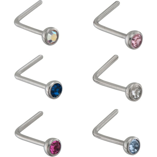 Body Jewelry Spring Revision 22Gauge LShaped Surgical Steel with Crystal Nose Stud, 6 Pack