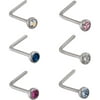 Body Jewelry Spring Revision 22-Gauge L-Shaped Surgical Steel with Crystal Nose Stud, 6 Pack