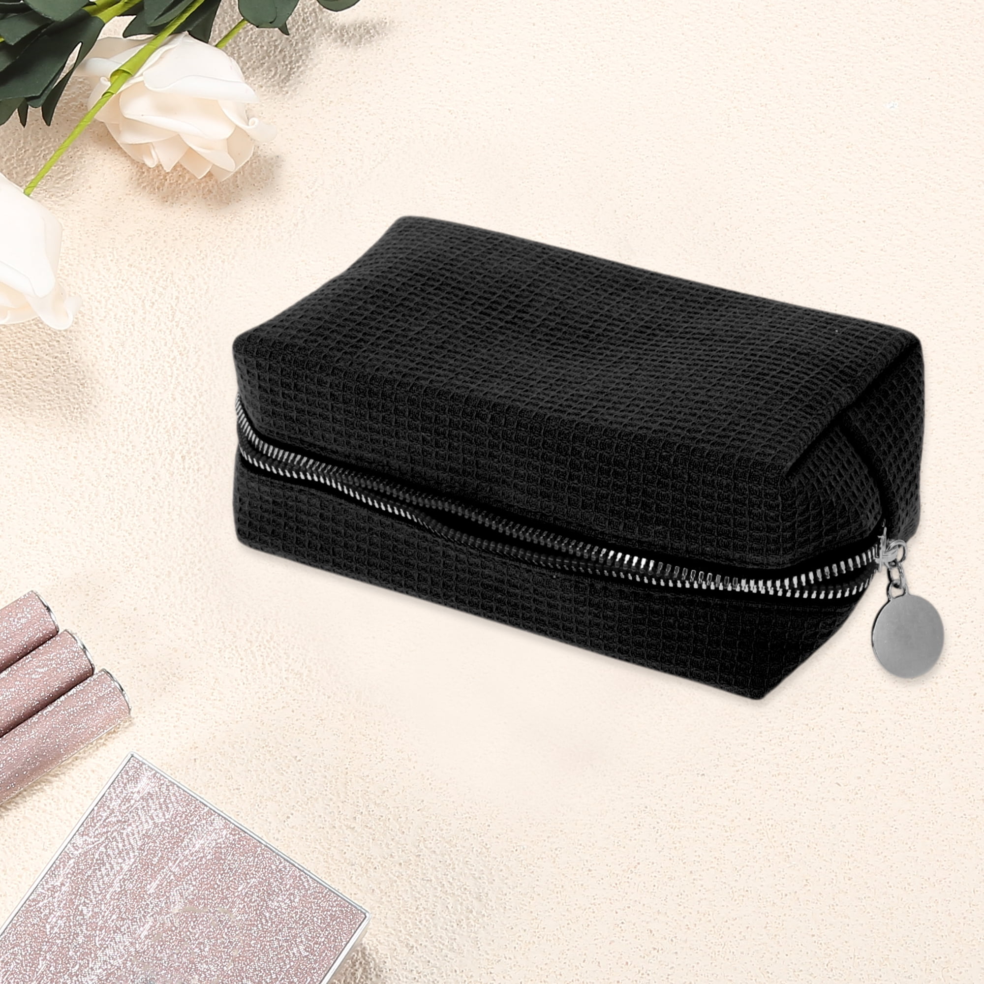 Unique Bargains 1 Pc Waffle Plaid Pattern Makeup Bag for Travel Black