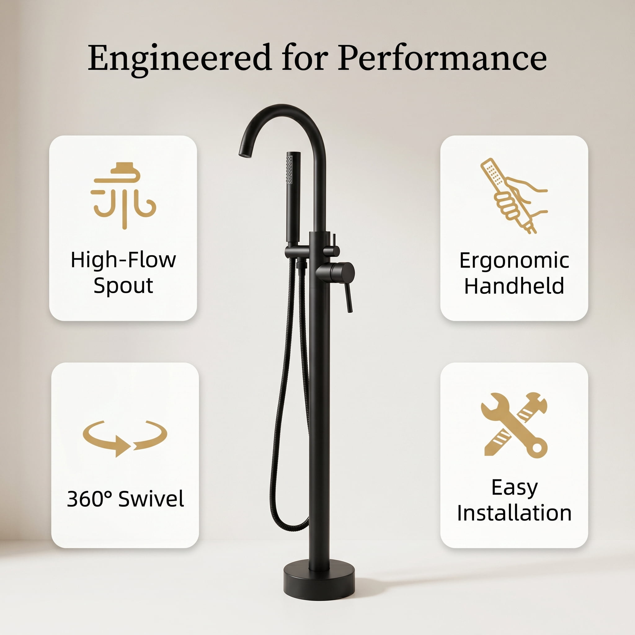 ROOMISLAND Floor Mount Bathtub Faucet Freestanding Tub Filler Standing High Flow Shower Faucets Shower Mixer Taps, with Handheld Shower, Matte Black