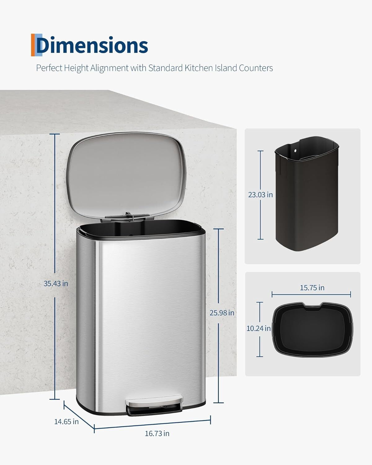 EuKer 13 Gal Stainless Steel Trash Can with Removable Inner Bucket for Kitchen, Bathroom, Silver