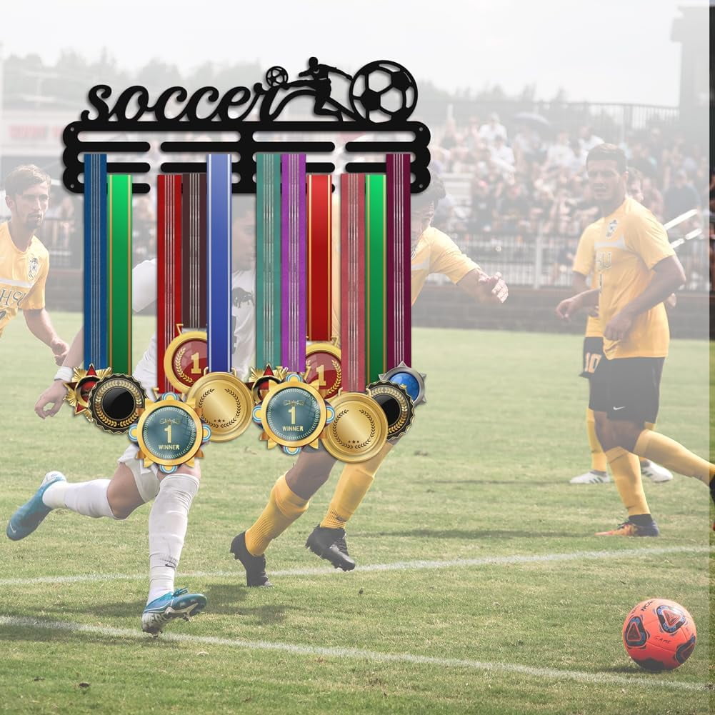 PH Soccer Medal Hanger Football Medal Display Sports Ribbon Holder Ball Competition Medal Holder Medals Display Awards Medal Rack Wall Mount Tiered Medal Hook for Athletes Competition Black DIY