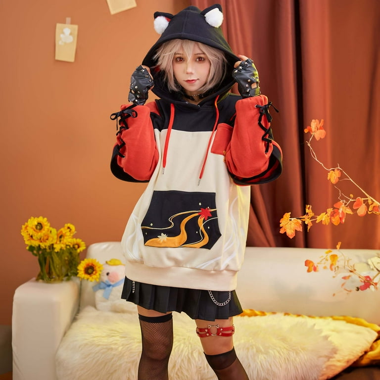 Women s Kawaii Plush Pullover Cute Fox Ear Hoodie with Detachable Bag Furry Cat Paw Gloves Hooded Sweatshirt Walmart