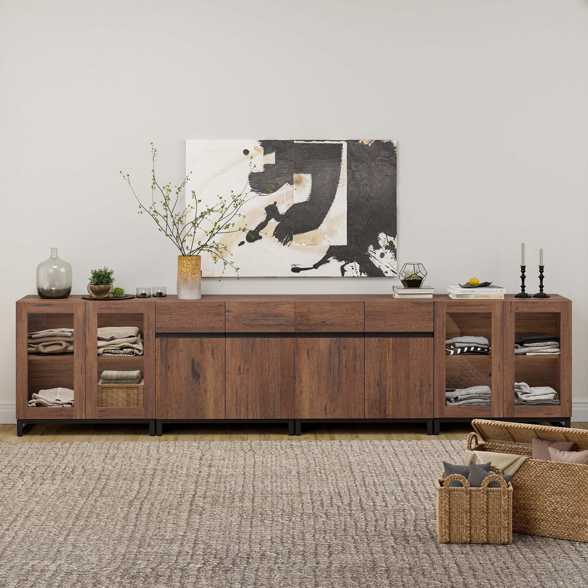 4 In 1 Modern Dresser with Glass Doors and Adjustable Shelves, Metal Base Storage Chest, Multifunctional Closet Organizer Storage Cabinet for Bedroom Home Use,Brown