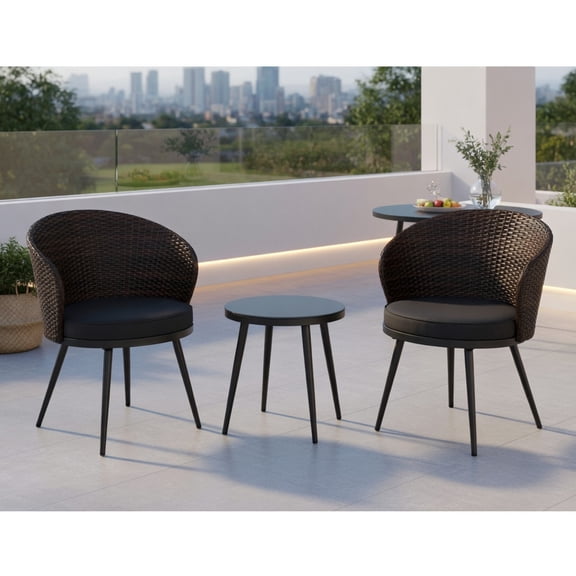 Kadyn 3-Piece Outdoor Rattan Bistro Set – 2 Stackable Chairs Tempered Glass Coffee Table with Gray Cushions, Brown PE Wicker & Steel Frame for Patio, Balcony or Indoor Use