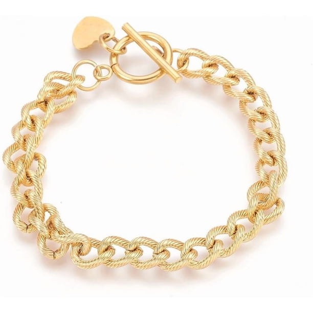 Pulsera de eslabones de acero inoxidable dorado con dije en forma de corazón y cierres de palanca para mujer (1 unidad)