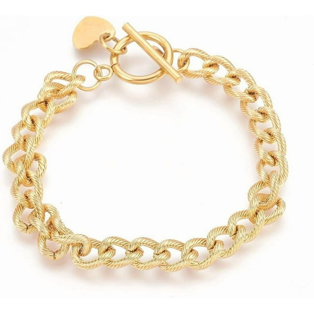Pulsera de eslabones de acero inoxidable dorado con dije en forma de corazón y cierres de palanca para mujer (1 unidad)