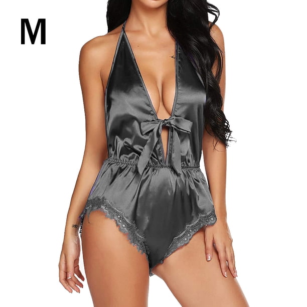 Worallymy Sexy Jumpsuit Deep V Neck Charming Smooth Lace-edge Sexy Body M Gris Worallymy JD735813287