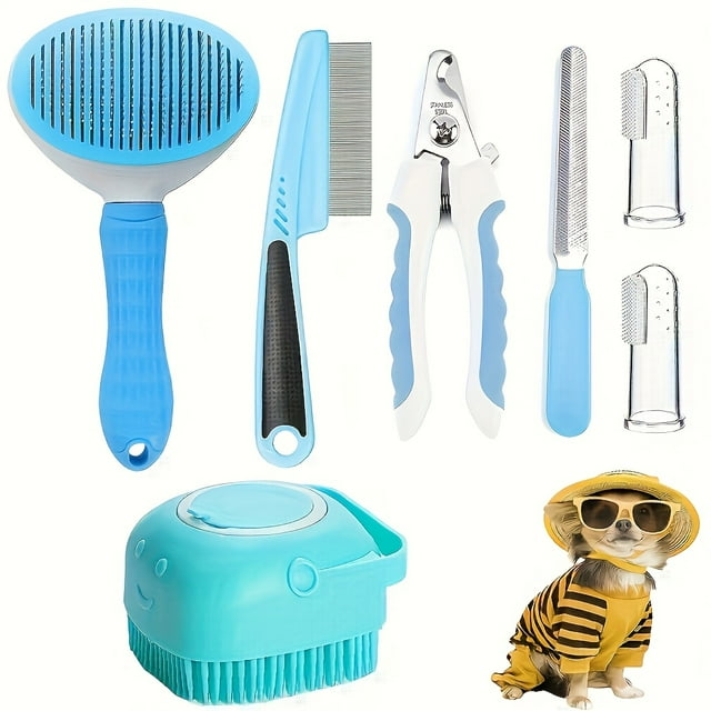 7pcs Pet Grooming Set, Dog Hair Comb, Flea Comb, Dog Shampoo Brush, Pet Nail Clipper, Dog Toothbrush Set