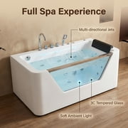 67 Luxury Whirlpool Bathtub with Panoramic Glass Window | 7 Hydro-Massage Jets, Waterfall Faucet & LED Chromatherapy | 1HP 750W Motor, Acrylic Spa Jetted Tub (110V) –Middle Drain