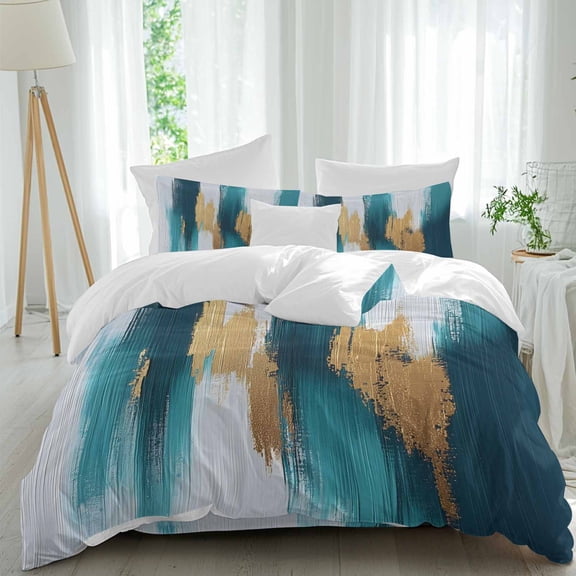 Abstract Art 4 Piece Duvet Cover Set Twin Size Gold Green Mottled Texture Modern Oil Painting Soft Bedding Set Comforter Cover, 1 Duvet Cover 1 Flat Sheets and 2 Pillowcases