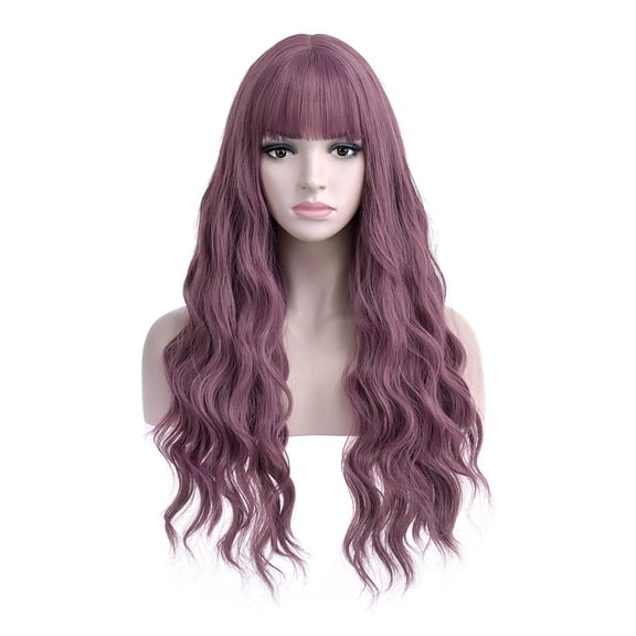 Fiykzur Purple Wavy Wigs Women Long Wig with Bangs 28'' Wavy Curly Synthetic Wigs