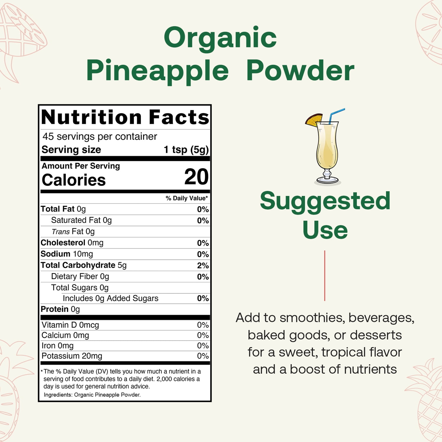 Quay Naturals Organic Pineapple Powder, 8oz, USDA Organic, Freeze-Dried Pineapple Fruit Powder, No Additives, Gluten-Free