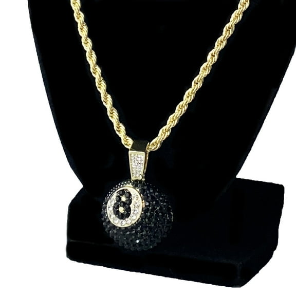 14k Gold Plated Black 8 Ball Rope Chain Iced Eight Charm Pool Billiards 24" Inch Necklace