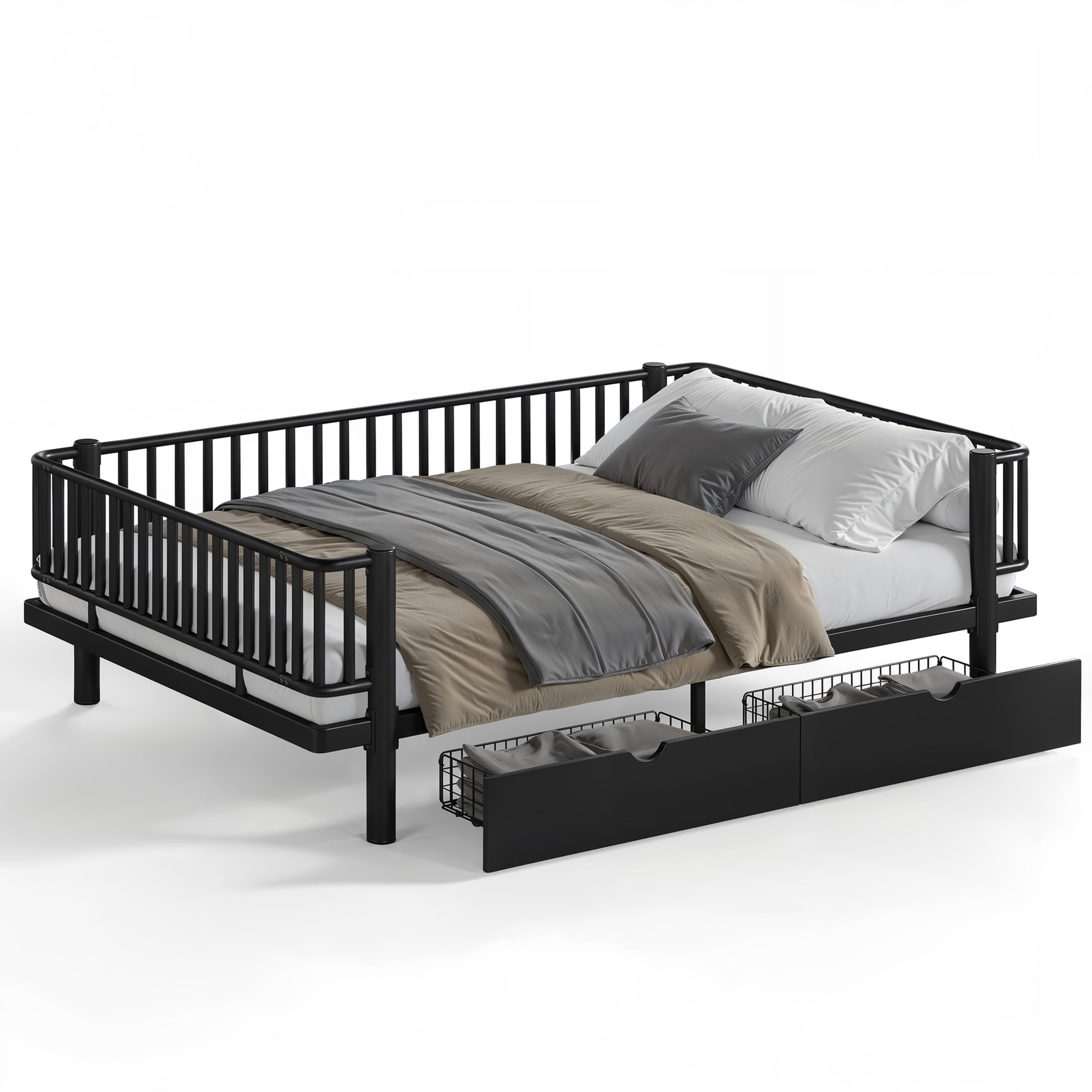Noble House Queen Size Platform Bed with Storage Drawers, Daybed Frame with Round-Pipe Design, Black