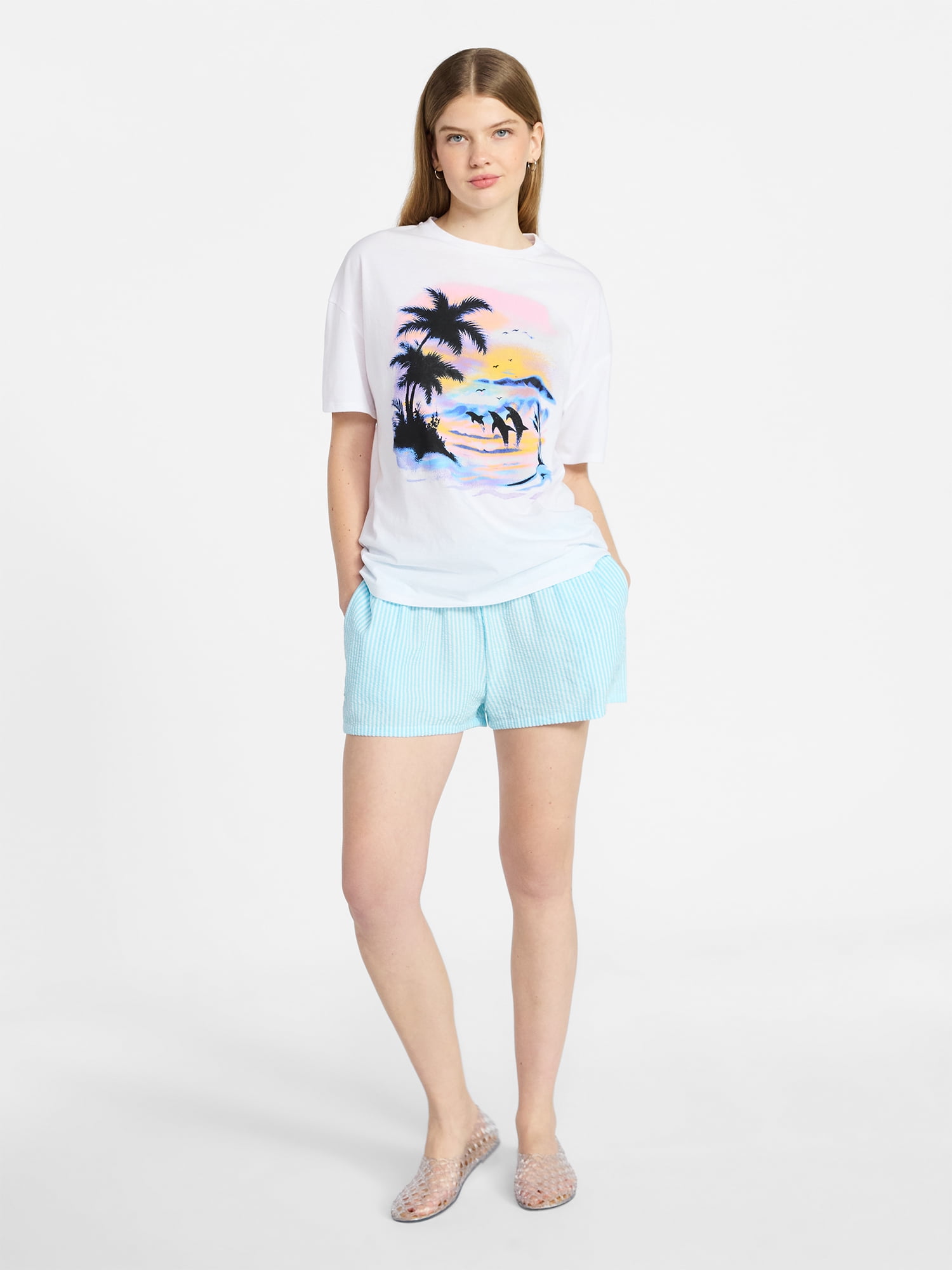 No Boundaries Striped Seersucker Bungee Shorts, 2" Inseam, Women's XXS-XXL