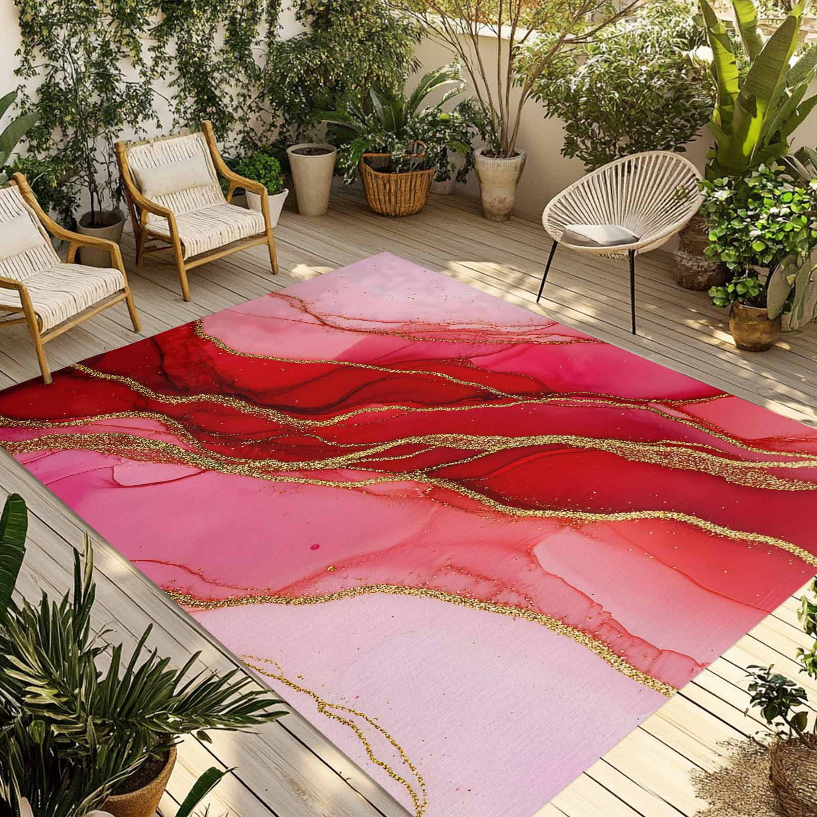 Outdoor Rug 5x8ft Abstract Ombre Red Marble Texture Large Area Rug Modern Art Indoor Outdoor Carpet Outdoor Rugs Mats for Patio Camping,RV,Front Door, Outside Decor