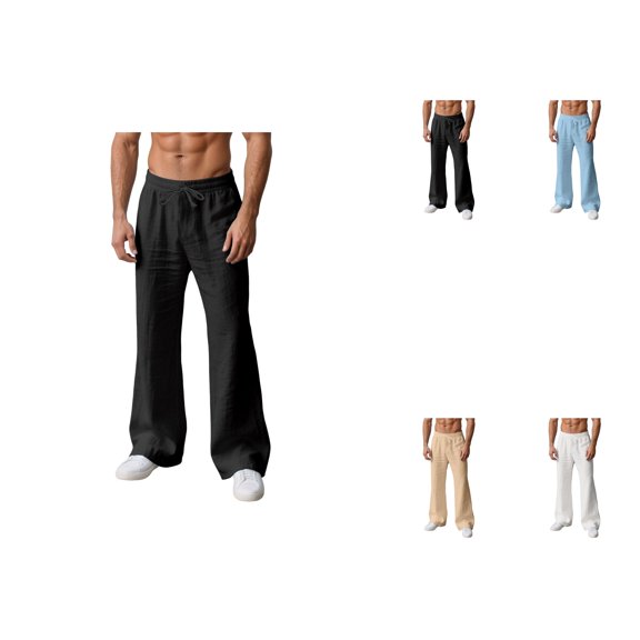 Casual Flared Trousers, Lightweight Cotton Linen Men's Jogging Pants with Elastic Drawstring Waist, Relaxed Fit Wide Leg Summer Beach Pants for Outdoor Travel