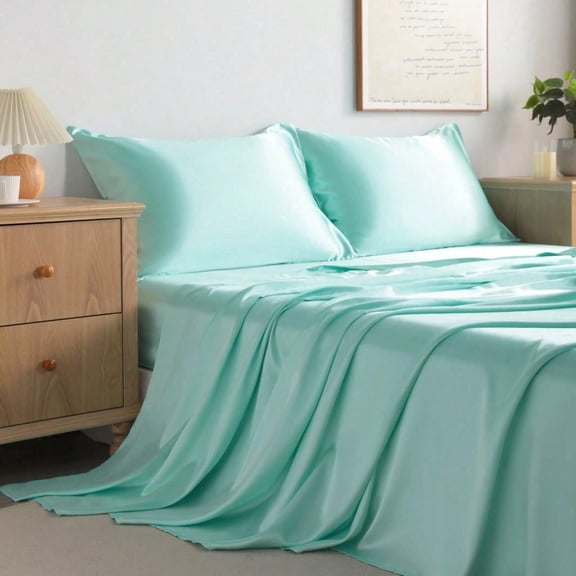 Aqua Satin Bed Sheet Set, Luxury Silky Solid Color Bedding, Deep Pocket Fitted Sheet & Envelope Pillowcases, Wrinkle Resistant, Full Sizes