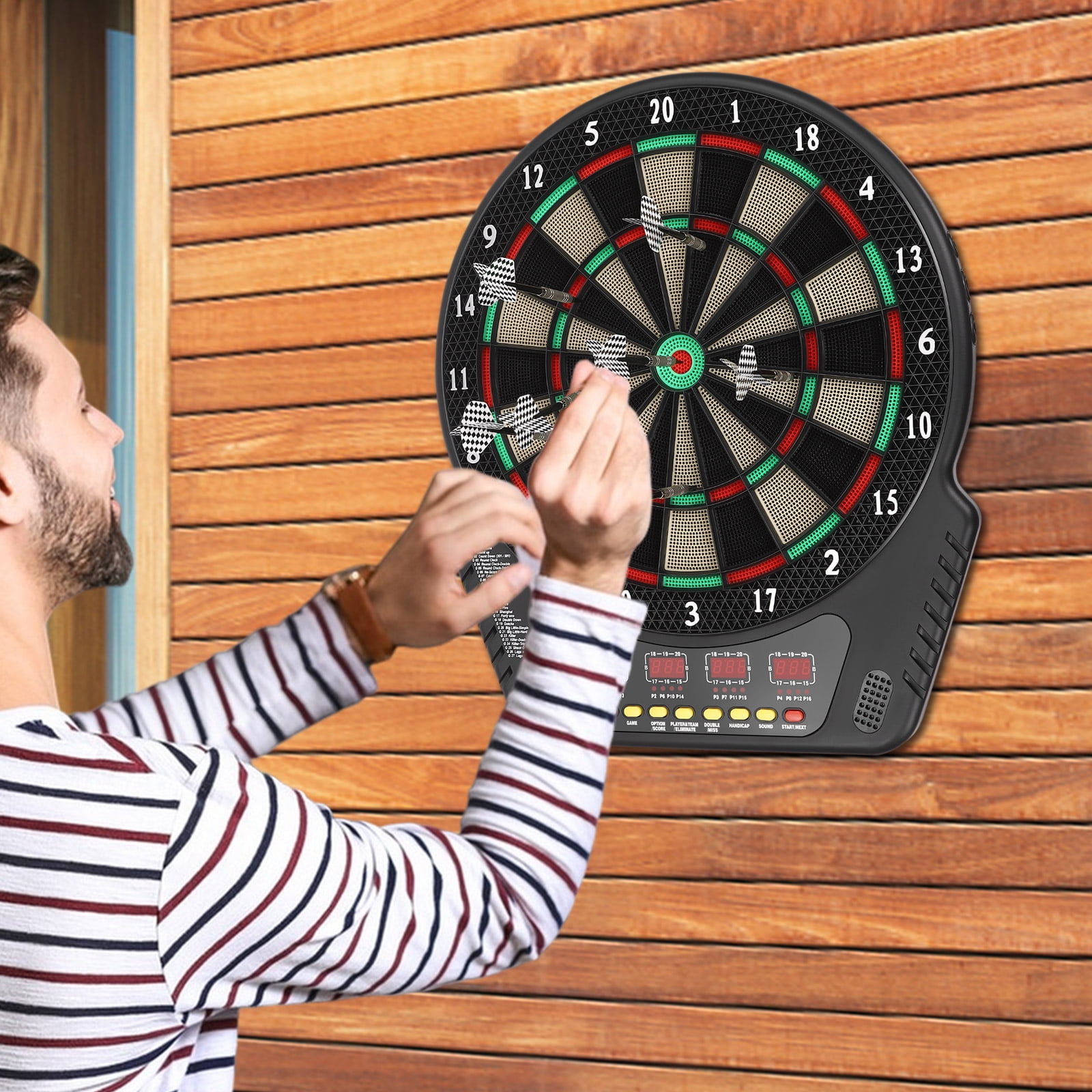 Durable Dartboard with 27 Game Modes, 16 Player Support, LED Screens, and Voice Prompts for Home or Outdoor Fun, Power-Saving Features