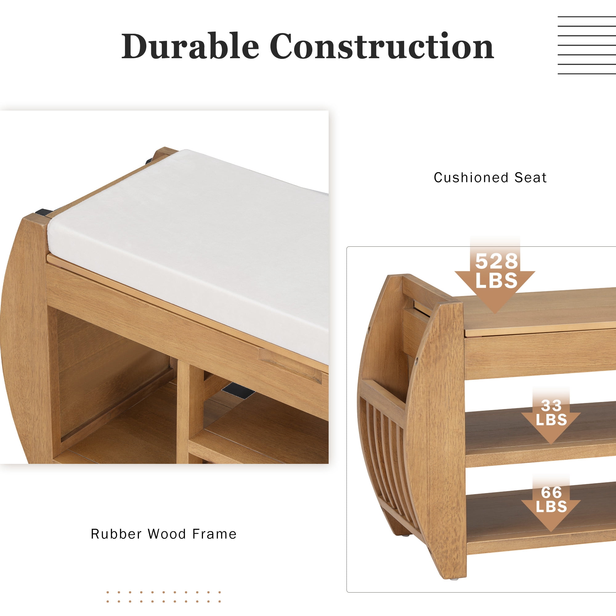 MAYEERTY Shoe Storage Bench with Cushion and Curved Side, Retro Multifunctional Panel for Entryway, Natural