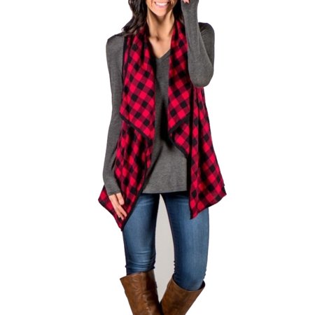 Women's Casual Open Jacket V neck Plaid Tops Vest Autumn Outwear