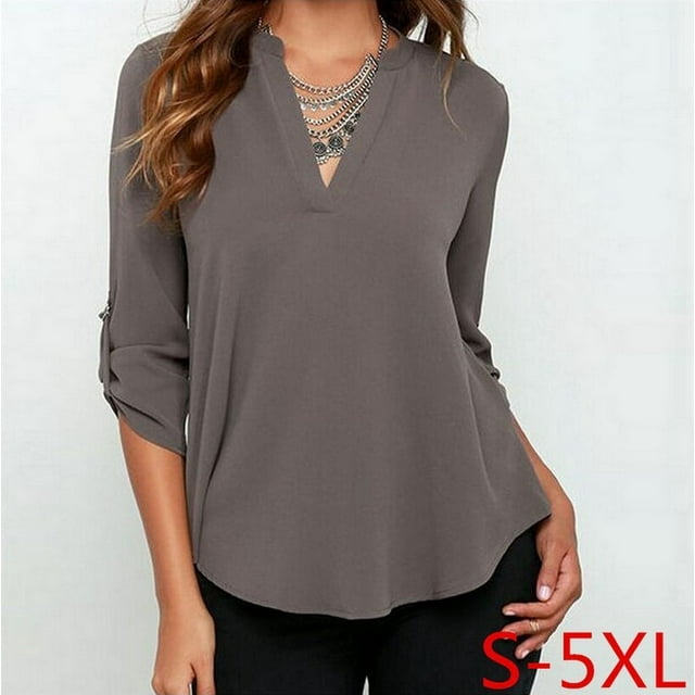Hauts pour Femmes à Manches 3/4 à Col en V Tunique Décontractée Blouse Chemise Ample